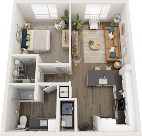a 1 bedroom floor plan with a bathroom and a living room